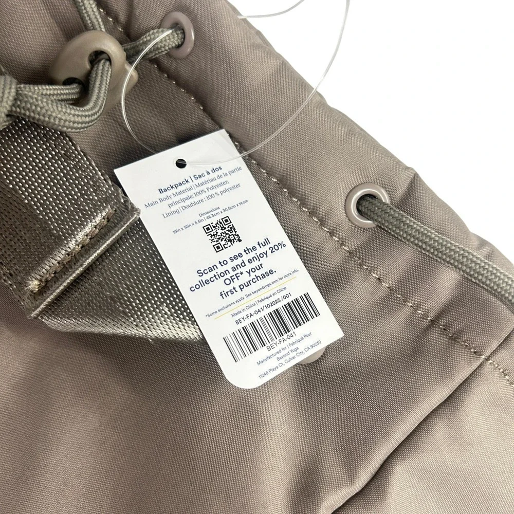 Beyond Yoga Backpack Taupe Gray Drawstring Gym‎ Travel Athleisure NWT Bag